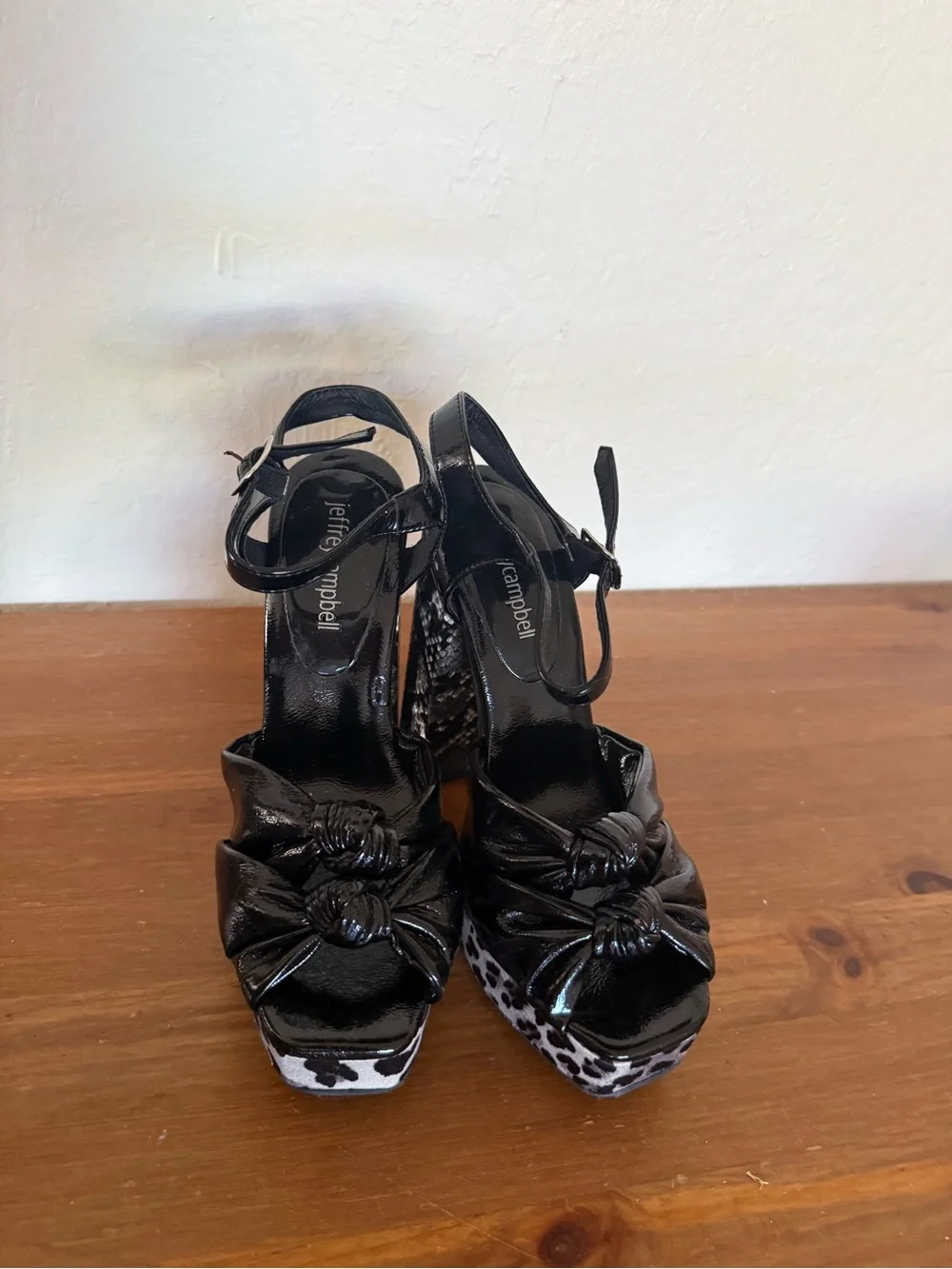Jeffrey Campbell Black Patent Knot Front Platform Sandals with Leopard Platform
